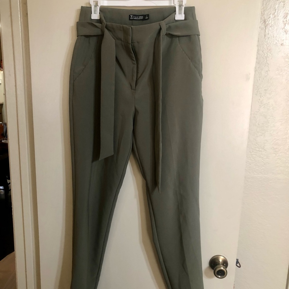High rise sage green slim fit trouser pants with sash size 8 tall